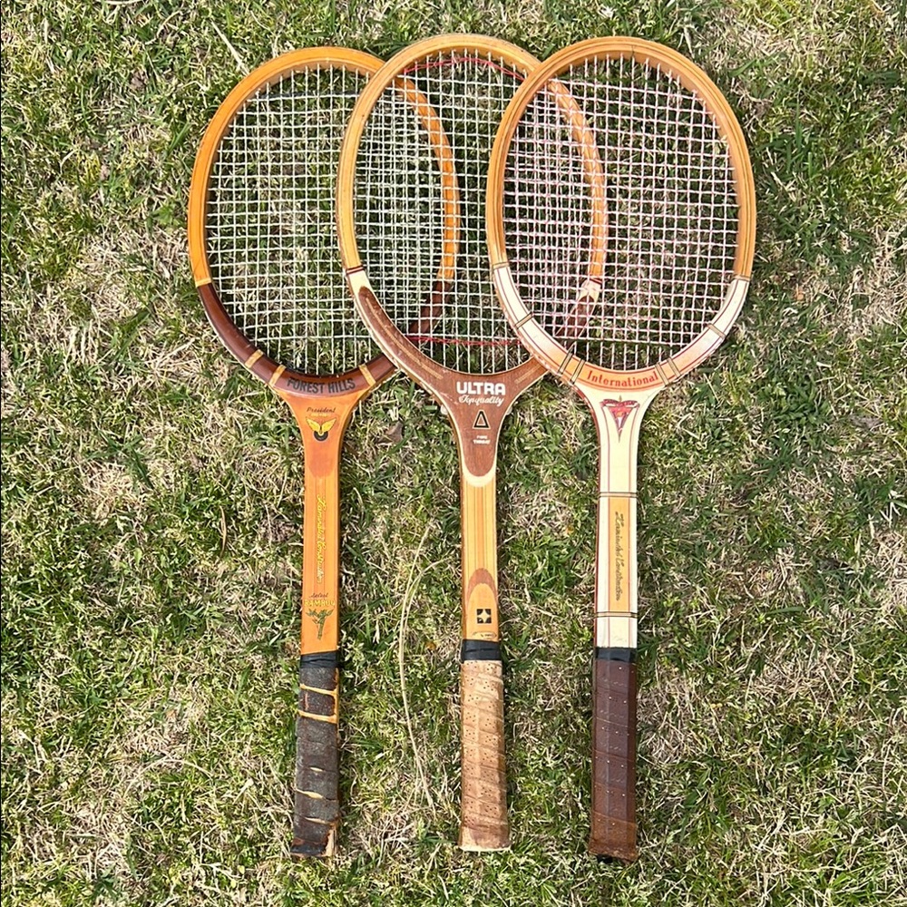Classic Wooden Tennis Rackets Trio